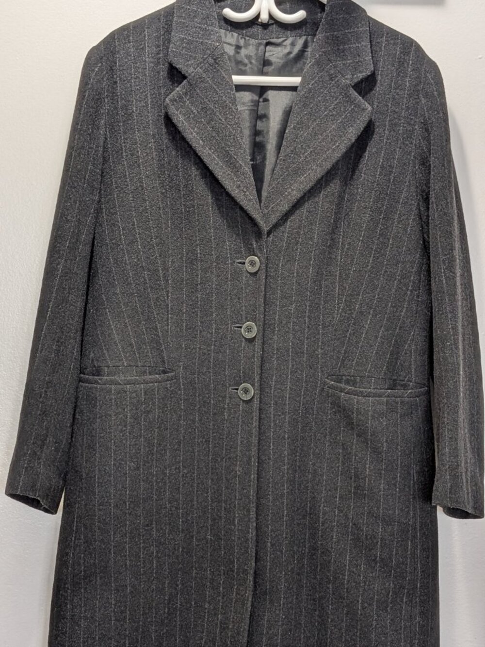 Dark Charcoal Grey Pinstripe Wool Coat - Size US 10